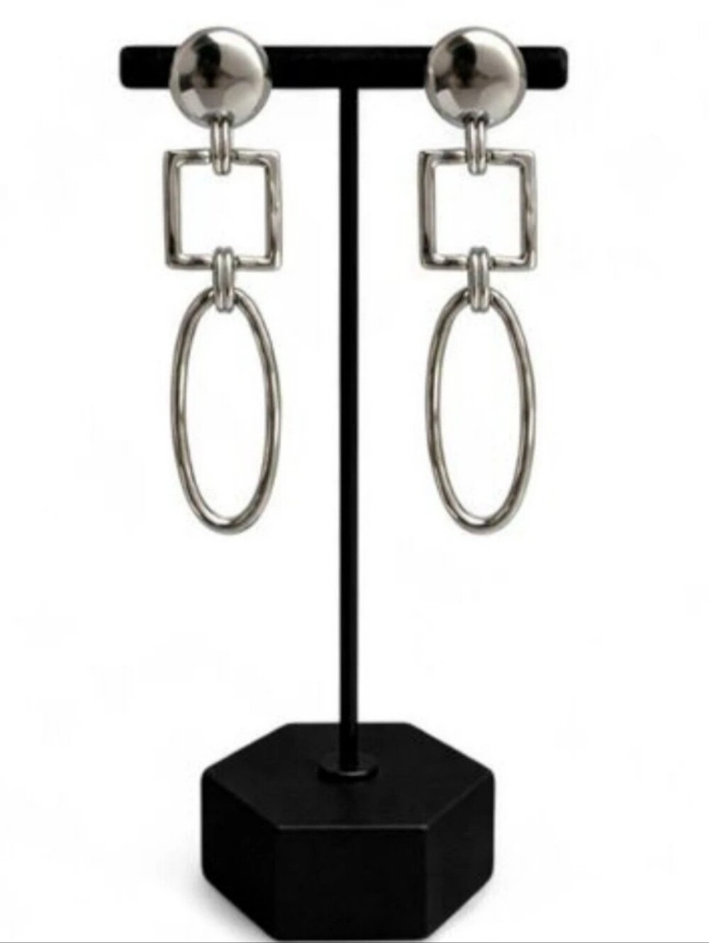 Silver Geometric Drop Earrings | Modern Linked Dangle